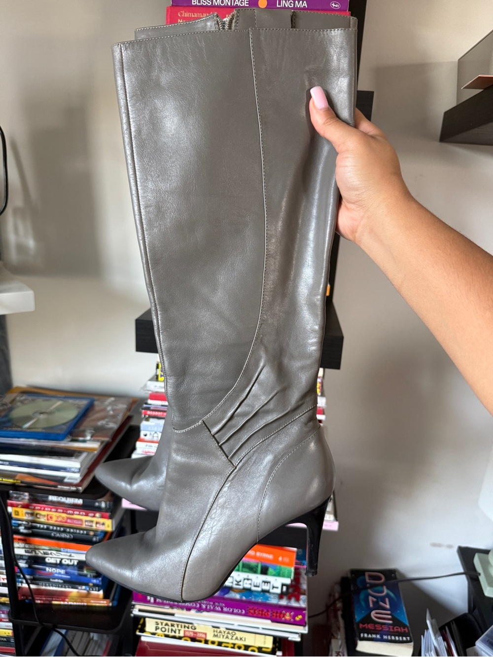 Nine West Grey Leather Over-the-Knee Pointed Toe Boots - Picture 2 of 8